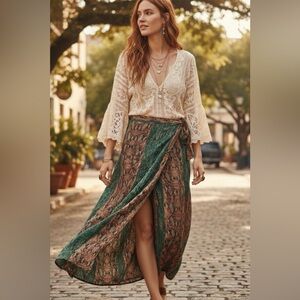 Free People Green and Brown Asymmetrical Wrap Maxi Skirt